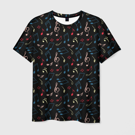 Мужская футболка 3D с принтом Ноты паттерн в Тюмени, 100% полиэфир | прямой крой, круглый вырез горловины, длина до линии бедер | музыка | музыкальный | музыкант | ноты | паттерн | рисунок | скрипичный ключ | черный цвет