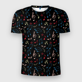 Мужская футболка 3D спортивная с принтом Ноты паттерн в Екатеринбурге, 100% полиэстер с улучшенными характеристиками | приталенный силуэт, круглая горловина, широкие плечи, сужается к линии бедра | музыка | музыкальный | музыкант | ноты | паттерн | рисунок | скрипичный ключ | черный цвет