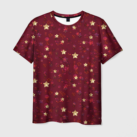 Мужская футболка 3D с принтом Россыпи золотых звезд в Санкт-Петербурге, 100% полиэфир | прямой крой, круглый вырез горловины, длина до линии бедер | Тематика изображения на принте: блеск | блестящий | детский | звезды | золото | золотой и красный | красный | модный