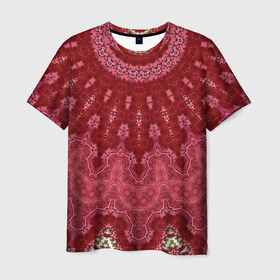 Мужская футболка 3D с принтом Красно-розовый калейдоскоп  в Петрозаводске, 100% полиэфир | прямой крой, круглый вырез горловины, длина до линии бедер | восточный | калейдоскоп | красный | красный калейдоскоп | круглый орнамент | орнамент | этнический