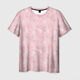 Мужская футболка 3D с принтом Нежно розовые цветы с блеском в Петрозаводске, 100% полиэфир | прямой крой, круглый вырез горловины, длина до линии бедер | Тематика изображения на принте: блеск | блестки | детский | золото | малышам | нежно розовый | розовые цветы | розовый и золотой