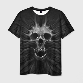 Мужская футболка 3D с принтом ЧЕРЕП С КЛЫКАМИ в Санкт-Петербурге, 100% полиэфир | прямой крой, круглый вырез горловины, длина до линии бедер | dark | death | fear | skelet | skull | байкерам | голова | готика | клыки | кости | крик | оскал | скелет | тьма | ужас | череп | черный
