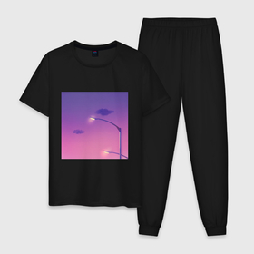 Мужская пижама хлопок с принтом Закат в Тюмени, 100% хлопок | брюки и футболка прямого кроя, без карманов, на брюках мягкая резинка на поясе и по низу штанин
 | вечер | закат | красивое небо | неон | ночной город | розовый закат
