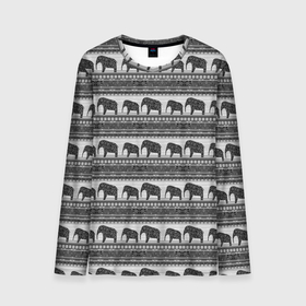 Мужской лонгслив 3D с принтом Черно-белый узор слоны в Тюмени, 100% полиэстер | длинные рукава, круглый вырез горловины, полуприлегающий силуэт | африканский | монохромный узор | орнамент | полосы | серый | серый и черный | слоны | этнический