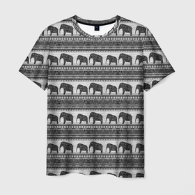 Мужская футболка 3D с принтом Черно-белый узор слоны в Белгороде, 100% полиэфир | прямой крой, круглый вырез горловины, длина до линии бедер | Тематика изображения на принте: африканский | монохромный узор | орнамент | полосы | серый | серый и черный | слоны | этнический