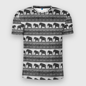 Мужская футболка 3D спортивная с принтом Черно-белый узор слоны в Санкт-Петербурге, 100% полиэстер с улучшенными характеристиками | приталенный силуэт, круглая горловина, широкие плечи, сужается к линии бедра | африканский | монохромный узор | орнамент | полосы | серый | серый и черный | слоны | этнический
