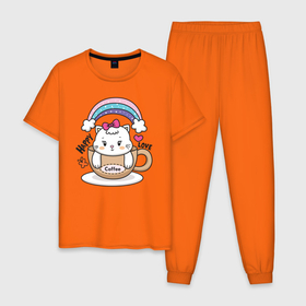 Мужская пижама хлопок с принтом Милая кошечка в чашке кофе в Новосибирске, 100% хлопок | брюки и футболка прямого кроя, без карманов, на брюках мягкая резинка на поясе и по низу штанин
 | Тематика изображения на принте: кот | котик | котята | кофе | кошечка | кошка | радуга | чашка кофе