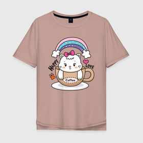 Мужская футболка хлопок Oversize с принтом Милая кошечка в чашке кофе в Кировске, 100% хлопок | свободный крой, круглый ворот, “спинка” длиннее передней части | кот | котик | котята | кофе | кошечка | кошка | радуга | чашка кофе