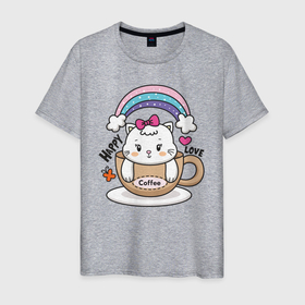 Мужская футболка хлопок с принтом Милая кошечка в чашке кофе в Курске, 100% хлопок | прямой крой, круглый вырез горловины, длина до линии бедер, слегка спущенное плечо. | Тематика изображения на принте: кот | котик | котята | кофе | кошечка | кошка | радуга | чашка кофе