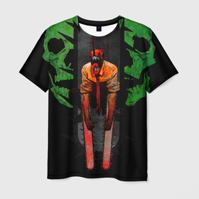 Мужская футболка 3D с принтом Дэндзи человек-бензопила в Екатеринбурге, 100% полиэфир | прямой крой, круглый вырез горловины, длина до линии бедер | anime | blood | chainsaw man | demon | denji | devil | monster | skull | аниме | демон | дьявол | дэндзи | кровь | монстр | человек бензопила | череп