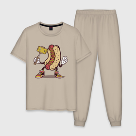 Мужская пижама хлопок с принтом Хотдог сэлфи , 100% хлопок | брюки и футболка прямого кроя, без карманов, на брюках мягкая резинка на поясе и по низу штанин
 | еда | прикол | сосиска | сосиска в тесте | сэлфи | фотка | хот дог | хотдог