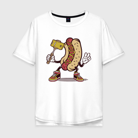 Мужская футболка хлопок Oversize с принтом Хотдог сэлфи , 100% хлопок | свободный крой, круглый ворот, “спинка” длиннее передней части | еда | прикол | сосиска | сосиска в тесте | сэлфи | фотка | хот дог | хотдог