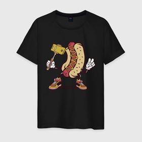 Мужская футболка хлопок с принтом Хотдог сэлфи в Тюмени, 100% хлопок | прямой крой, круглый вырез горловины, длина до линии бедер, слегка спущенное плечо. | Тематика изображения на принте: еда | прикол | сосиска | сосиска в тесте | сэлфи | фотка | хот дог | хотдог