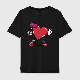 Мужская футболка хлопок Oversize с принтом Сердечко сэлфи в Санкт-Петербурге, 100% хлопок | свободный крой, круглый ворот, “спинка” длиннее передней части | peace | selfi | мир | сердечко | сердце | сэлфи | фотка