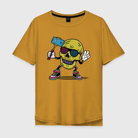 Мужская футболка хлопок Oversize с принтом Череп сэлфи в Санкт-Петербурге, 100% хлопок | свободный крой, круглый ворот, “спинка” длиннее передней части | peace | selfi | мир | скелет | сэлфи | фотка | череп | черепушка