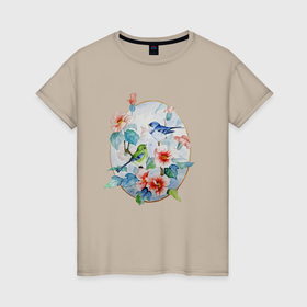 Женская футболка хлопок с принтом Птички с цветами  , 100% хлопок | прямой крой, круглый вырез горловины, длина до линии бедер, слегка спущенное плечо | акварель | пастельные цвета | птицы | цветы