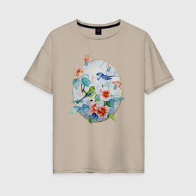 Женская футболка хлопок Oversize с принтом Птички с цветами  в Новосибирске, 100% хлопок | свободный крой, круглый ворот, спущенный рукав, длина до линии бедер
 | акварель | пастельные цвета | птицы | цветы