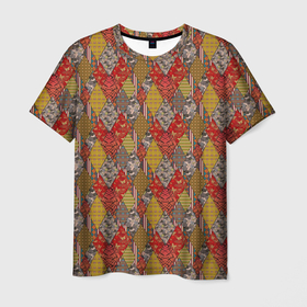 Мужская футболка 3D с принтом Осенний пэчворк , 100% полиэфир | прямой крой, круглый вырез горловины, длина до линии бедер | деревенский | для дома | заплатки | лоскуты | модный | оранжевый | пэчворк | рыжий | фольклор