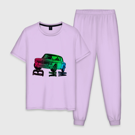 Мужская пижама хлопок с принтом Ретро БМВ BMW Сочный в Тюмени, 100% хлопок | брюки и футболка прямого кроя, без карманов, на брюках мягкая резинка на поясе и по низу штанин
 | кастомная | красочная машина стоит на больших буквах | неон | ретро.