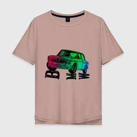 Мужская футболка хлопок Oversize с принтом Ретро БМВ BMW Сочный в Кировске, 100% хлопок | свободный крой, круглый ворот, “спинка” длиннее передней части | кастомная | красочная машина стоит на больших буквах | неон | ретро.