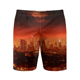 Мужские шорты спортивные с принтом Закат в Нью Йорке в Новосибирске,  |  | Тематика изображения на принте: город | закат | красный | луна | мегаполис | месяц | нью йорк | яркий