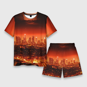Мужской костюм с шортами 3D с принтом Закат над Нью Йорком в Санкт-Петербурге,  |  | город | закат | красный | луна | мегаполис | месяц | нью йорк | яркий