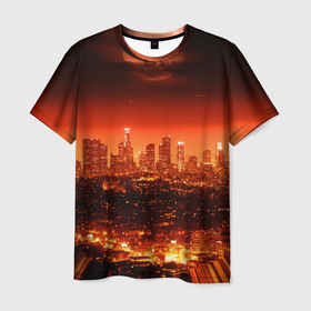 Мужская футболка 3D с принтом Закат в Нью Йорке в Кировске, 100% полиэфир | прямой крой, круглый вырез горловины, длина до линии бедер | город | закат | красный | луна | мегаполис | месяц | нью йорк | яркий