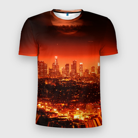 Мужская футболка 3D спортивная с принтом Закат в Нью Йорке в Кировске, 100% полиэстер с улучшенными характеристиками | приталенный силуэт, круглая горловина, широкие плечи, сужается к линии бедра | город | закат | красный | луна | мегаполис | месяц | нью йорк | яркий