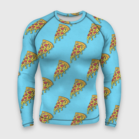 Мужской рашгард 3D с принтом Пицца паттерн на голубом в Екатеринбурге,  |  | еда | итальянская кухня | кусок пиццы | паттерн | пицца | пицца пепперони | пицца с колбасой и сыром | слайс | фаст фуд