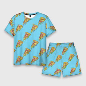 Мужской костюм с шортами 3D с принтом Пицца паттерн на голубом в Курске,  |  | еда | итальянская кухня | кусок пиццы | паттерн | пицца | пицца пепперони | пицца с колбасой и сыром | слайс | фаст фуд