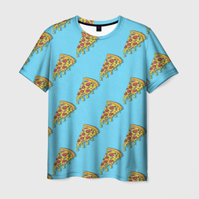 Мужская футболка 3D с принтом Пицца паттерн на голубом в Петрозаводске, 100% полиэфир | прямой крой, круглый вырез горловины, длина до линии бедер | еда | итальянская кухня | кусок пиццы | паттерн | пицца | пицца пепперони | пицца с колбасой и сыром | слайс | фаст фуд