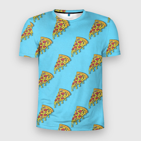 Мужская футболка 3D спортивная с принтом Пицца паттерн на голубом , 100% полиэстер с улучшенными характеристиками | приталенный силуэт, круглая горловина, широкие плечи, сужается к линии бедра | еда | итальянская кухня | кусок пиццы | паттерн | пицца | пицца пепперони | пицца с колбасой и сыром | слайс | фаст фуд