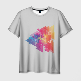 Мужская футболка 3D с принтом Цветные треугольники в Санкт-Петербурге, 100% полиэфир | прямой крой, круглый вырез горловины, длина до линии бедер | искусство | прямоугольник | пурпурный | симметрия | треугольник | цвет