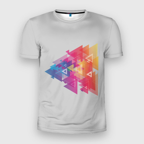 Мужская футболка 3D спортивная с принтом Цветные треугольники , 100% полиэстер с улучшенными характеристиками | приталенный силуэт, круглая горловина, широкие плечи, сужается к линии бедра | искусство | прямоугольник | пурпурный | симметрия | треугольник | цвет