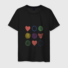 Мужская футболка хлопок с принтом Цветные сердца и круги в Санкт-Петербурге, 100% хлопок | прямой крой, круглый вырез горловины, длина до линии бедер, слегка спущенное плечо. | Тематика изображения на принте: карандаш | круги | рисование | сердце | узор