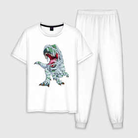 Мужская пижама хлопок с принтом Динозавр-мумия в Белгороде, 100% хлопок | брюки и футболка прямого кроя, без карманов, на брюках мягкая резинка на поясе и по низу штанин
 | tyrannosaurus | бинты | динозавр | дракон | мумия | тиранозавр | ящер