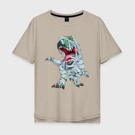 Мужская футболка хлопок Oversize с принтом Динозавр-мумия в Белгороде, 100% хлопок | свободный крой, круглый ворот, “спинка” длиннее передней части | Тематика изображения на принте: tyrannosaurus | бинты | динозавр | дракон | мумия | тиранозавр | ящер
