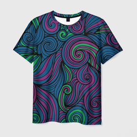 Мужская футболка 3D с принтом Сказочный лес в Санкт-Петербурге, 100% полиэфир | прямой крой, круглый вырез горловины, длина до линии бедер | аква | дизайн | зеленый | узор | фиолетовый