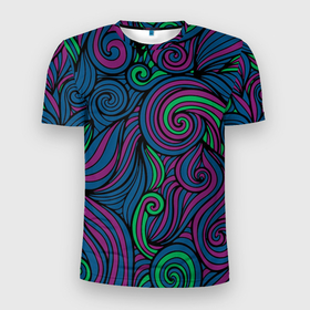 Мужская футболка 3D спортивная с принтом Сказочный лес в Екатеринбурге, 100% полиэстер с улучшенными характеристиками | приталенный силуэт, круглая горловина, широкие плечи, сужается к линии бедра | аква | дизайн | зеленый | узор | фиолетовый
