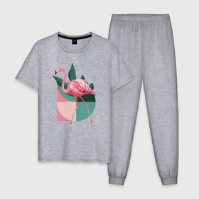 Мужская пижама хлопок с принтом Розовый фламинго в Белгороде, 100% хлопок | брюки и футболка прямого кроя, без карманов, на брюках мягкая резинка на поясе и по низу штанин
 | геометрия | птица | растения | розовый | розовый фламинго | фламинго | шея