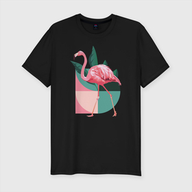 Мужская футболка хлопок Slim с принтом Розовый фламинго , 92% хлопок, 8% лайкра | приталенный силуэт, круглый вырез ворота, длина до линии бедра, короткий рукав | Тематика изображения на принте: геометрия | птица | растения | розовый | розовый фламинго | фламинго | шея