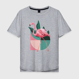 Мужская футболка хлопок Oversize с принтом Розовый фламинго , 100% хлопок | свободный крой, круглый ворот, “спинка” длиннее передней части | Тематика изображения на принте: геометрия | птица | растения | розовый | розовый фламинго | фламинго | шея