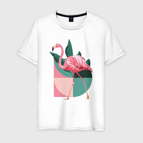 Мужская футболка хлопок с принтом Розовый фламинго , 100% хлопок | прямой крой, круглый вырез горловины, длина до линии бедер, слегка спущенное плечо. | геометрия | птица | растения | розовый | розовый фламинго | фламинго | шея