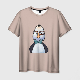 Мужская футболка 3D с принтом Умная птица  в Екатеринбурге, 100% полиэфир | прямой крой, круглый вырез горловины, длина до линии бедер | bird | brain | scientist | голубь | мозг | очки | пингвин | птица | учёный