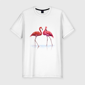 Мужская футболка хлопок Slim с принтом Фламинго пара , 92% хлопок, 8% лайкра | приталенный силуэт, круглый вырез ворота, длина до линии бедра, короткий рукав | пара | птицы | розовые птицы | фламинго | фламинго пара
