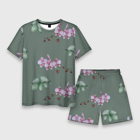 Мужской костюм с шортами 3D с принтом Розовые орхидеи ,  |  | 8 марта | flowers | march 8 | spring | ботаническая иллюстрация | весна | день рождения | зеленый | лето | любовь | орхидея | праздник | принт | природа | растения | розовый | цветы