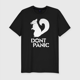 Мужская футболка хлопок Slim с принтом Dont panic (white) в Санкт-Петербурге, 92% хлопок, 8% лайкра | приталенный силуэт, круглый вырез ворота, длина до линии бедра, короткий рукав | без паники | белка | опасность | паника | противогаз | скунс | тревога