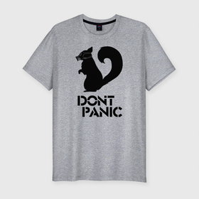 Мужская футболка хлопок Slim с принтом Dont panic (black) в Екатеринбурге, 92% хлопок, 8% лайкра | приталенный силуэт, круглый вырез ворота, длина до линии бедра, короткий рукав | dont panic | без паники | белка | опасность | паника | противогаз | скунс | тревога