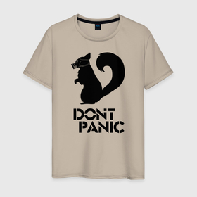 Мужская футболка хлопок с принтом Dont panic (black) в Петрозаводске, 100% хлопок | прямой крой, круглый вырез горловины, длина до линии бедер, слегка спущенное плечо. | dont panic | без паники | белка | опасность | паника | противогаз | скунс | тревога