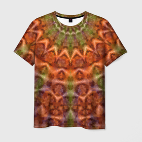 Мужская футболка 3D с принтом Оранжево-оливковый калейдоскоп в Курске, 100% полиэфир | прямой крой, круглый вырез горловины, длина до линии бедер | калейдоскоп | коричневый | круглый орнамент | модный | мозаика | мозаичный узор | оливковый | оранжевый | орнамент | этнический